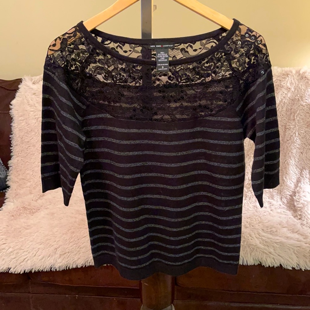 Lace and sequined, lightweight sweater. Size small. Black and gray.